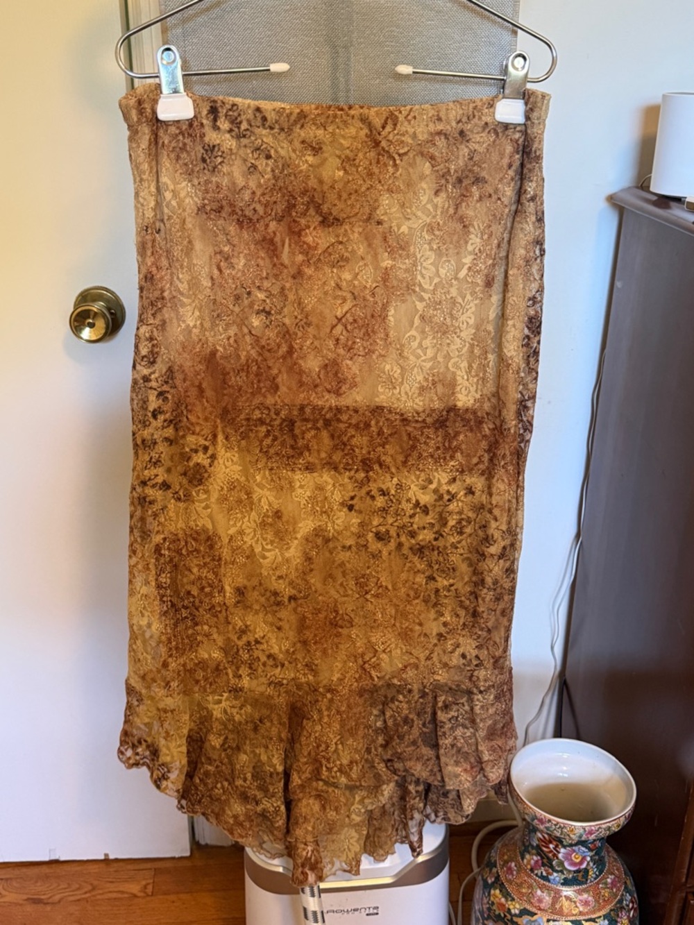Chicos Brown Lace Ruffled Midi Skirt
